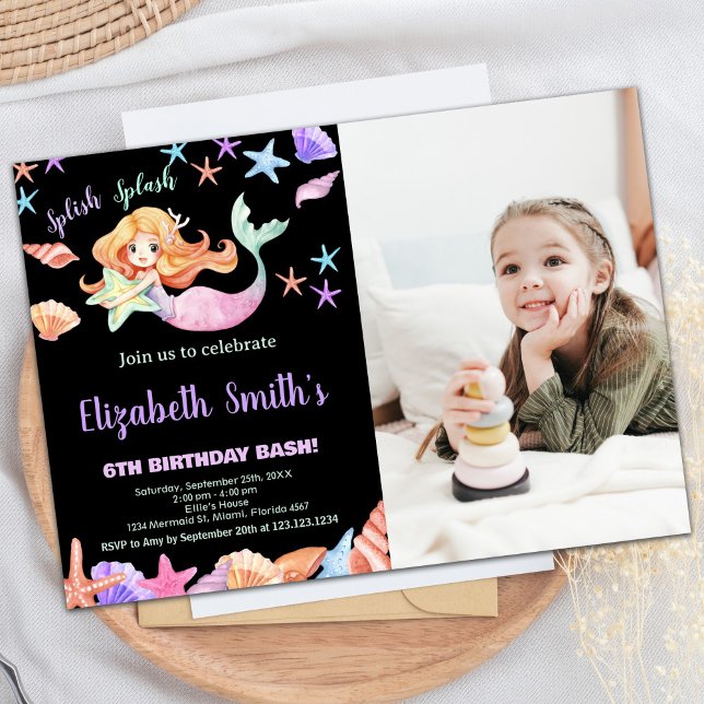 Invitation Photo Pink Purple Under the sea Mermaid Anniversai (Photo Pink Purple Under the sea Mermaid Birthday Invitation)