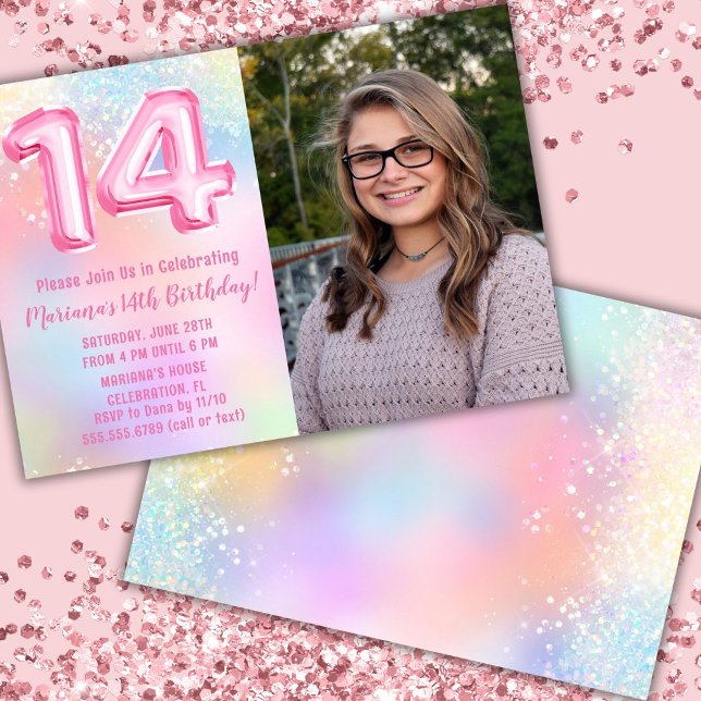 Invitation Photo Pink Rainbow 14e anniversaire (Créateur téléchargé)