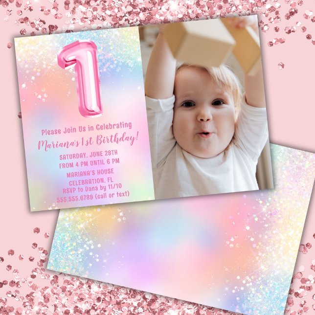 Invitation Photo Pink Rainbow 1er anniversaire (Créateur téléchargé)