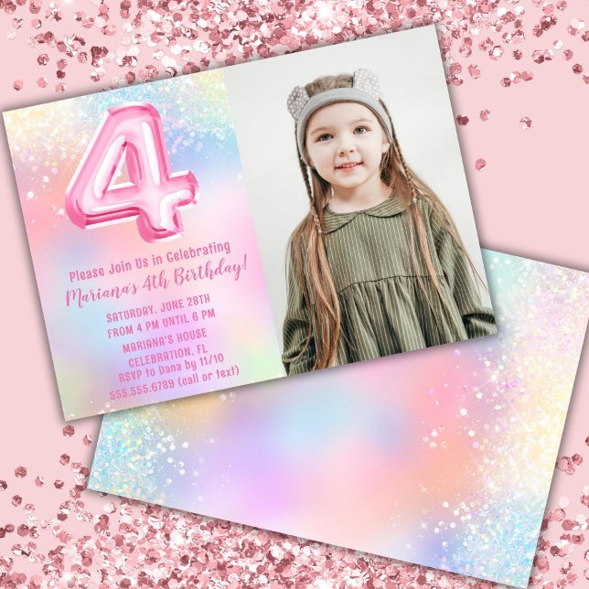 Invitation Photo Pink Rainbow 4e anniversaire (Créateur téléchargé)