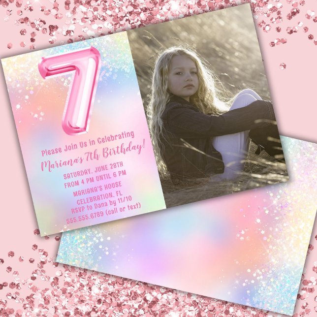 Invitation Photo Pink Rainbow 7e anniversaire (Créateur téléchargé)
