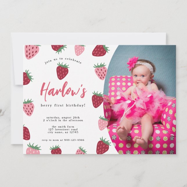 Invitation Photo Pink & Red Strawberry Berry premier annivers (Devant)
