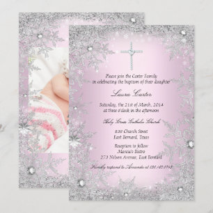 Invitation Photo Pink Silver Snowflake Baptiser/Christening