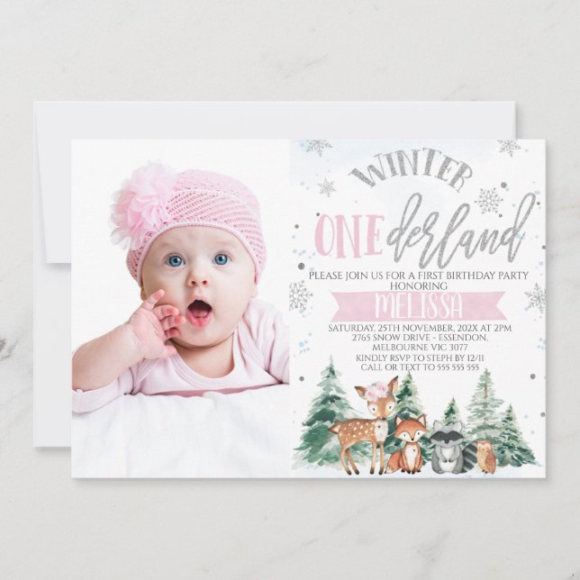 Invitation Photo Pink Silver Woodland Onederland 1er annivers (Devant)