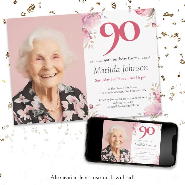 Invitation Photo Pink Watercolor Floral 90e anniversaire (Photo 90th Birthday Pink Watercolor Floral Custom Invitation)