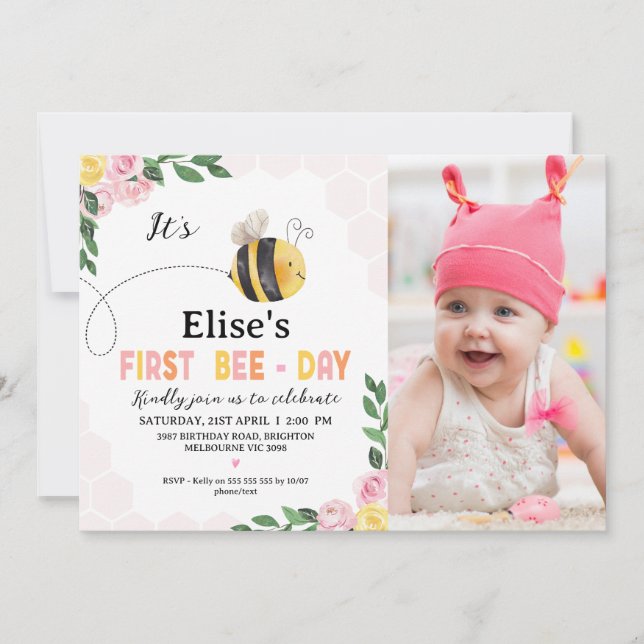 Invitation Photo Pink Yellow Bee First Bee Day 1er anniversai (Devant)