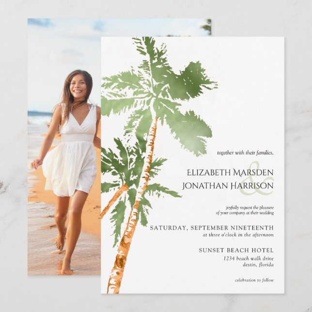 Invitation Photo Plage Palm Trees Green Destination Mariage (Devant / Derrière)