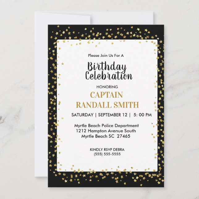 Invitation Photo Police Anniversaire Soirée Gold Stars (Devant)