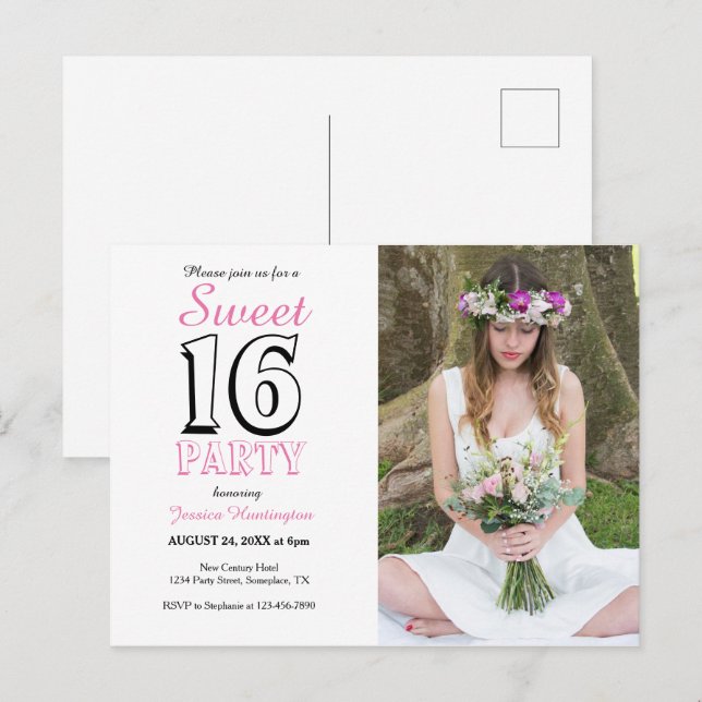 Invitation photo pour 16 ans rose pour anniversair (Devant / Derrière)
