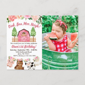 Invitation photo pour 1er anniversaire Ferme/Barn 