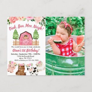 Invitation photo pour 1er anniversaire Ferme/Pink 