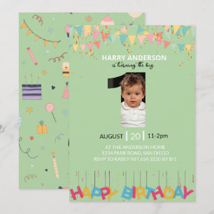 Invitation photo pour 1er anniversaire Vert Menthe