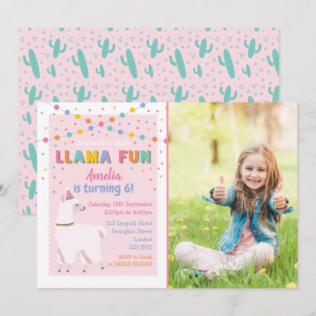 Invitation photo pour l'anniversaire de Llama Pink (Devant / Derrière)