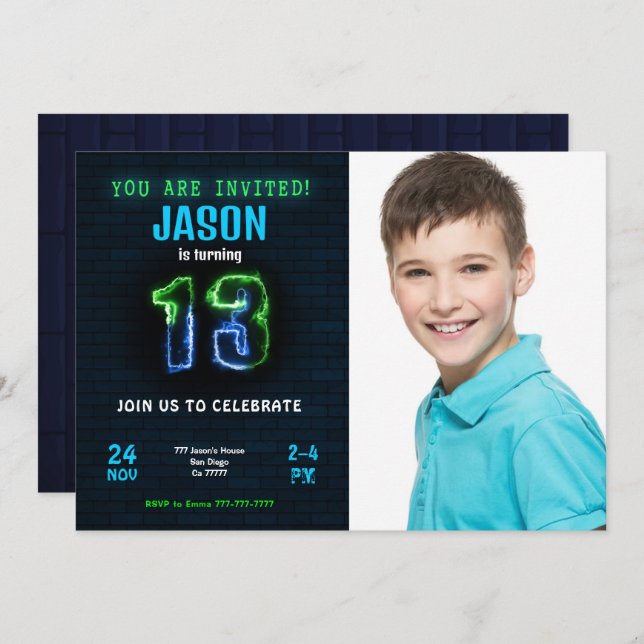 Invitation photo pour les 13 ans d'un garçon (Devant / Derrière)