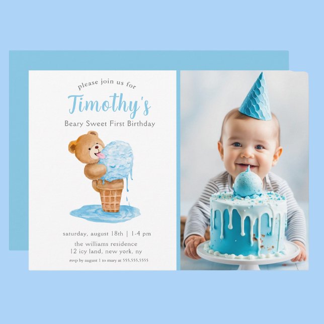 Invitation Photo Premier anniversaire Garçon Teddy Ours Crème (Créateur téléchargé)