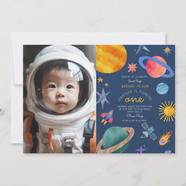 Invitation Photo Premier voyage autour de sun astronaute 1er  (Devant)