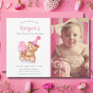 Invitation Photo Première Anniversaire Fille Ours en Peluche
