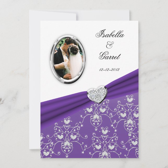 Invitation photo Purpl Ribbon Heart Mariage damass (Devant)