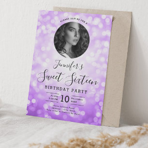 Invitation PHOTO Purple Bokeh Lights Sweet 16 Party