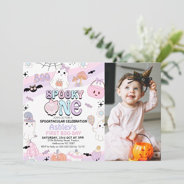 Invitation Photo Purple Girls Éffrayant Halloween 1er anniver (Debout devant)