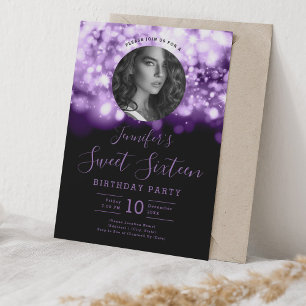 Invitation PHOTO Purple Hollywood Lights Sweet 16 Party