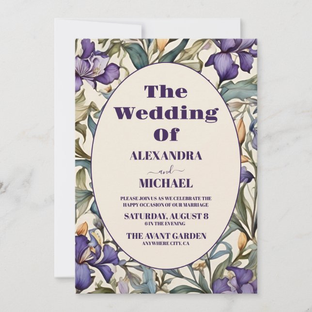 Invitation Photo Purple Iris Mariage Art Nouveau (Devant)
