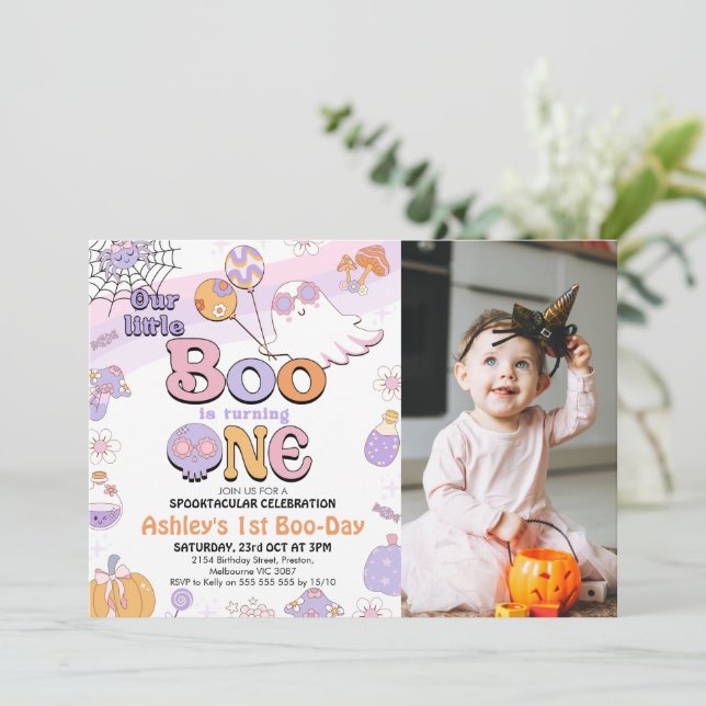 Invitation Photo Purple Little Boo Halloween 1er anniversaire (Debout devant)