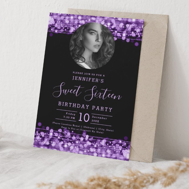 Invitation PHOTO Purple Sparkles Sweet 16 Anniversaire (PHOTO Purple Sparkles Sweet 16 Birthday Party Invitation)