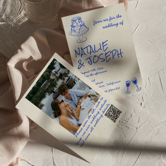 Invitation Photo QR Code Hand Drawn Blue Cake Bows Wedding  (Créateur téléchargé)