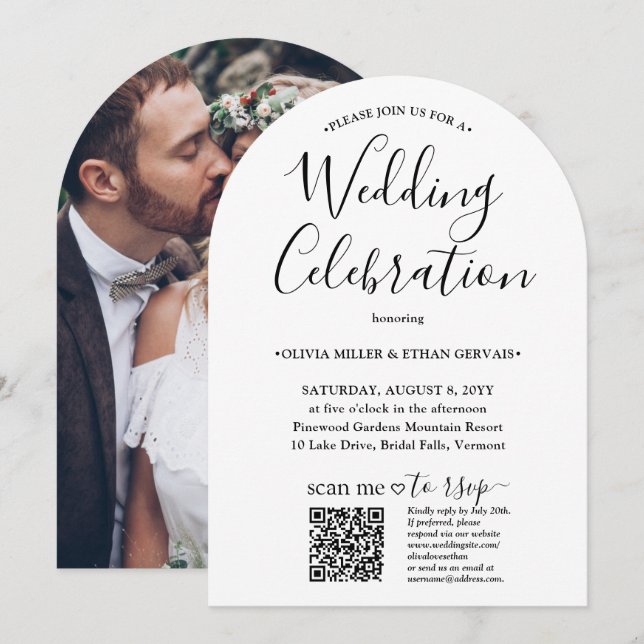 Invitation Photo & QR RSVP Simple Script Mariage Célébration (Devant / Derrière)