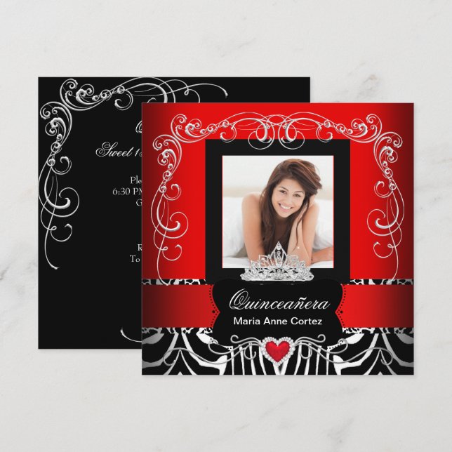 Invitation Photo Quinceanera 15e anniversaire Red Zebra (Devant / Derrière)