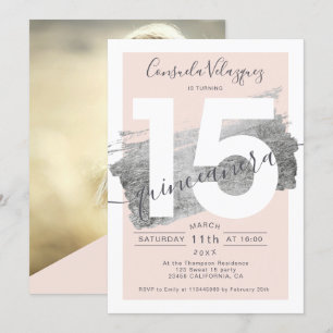 Invitation Photo quinceanera à brosse à feuille d'argent