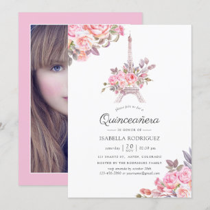 Invitation photo Quinceañera aquarelle florale ros