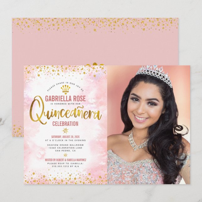 Invitation Photo Quinceañera Blush Pink Gold Parties scintill (Devant / Derrière)