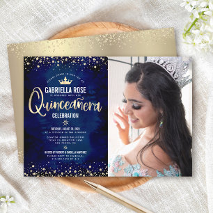 Invitation Photo Quinceañera Marine Parties scintillant d'or 