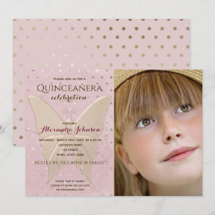 Invitation Photo Quinceanera Papillon rose et or