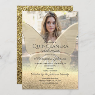 Invitation Photo Quinceanera Parties scintillant Papillon Or