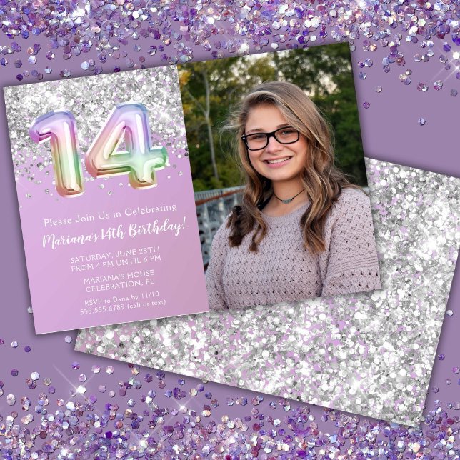 Invitation Photo Rainbow Sparkle 14e anniversaire (Créateur téléchargé)