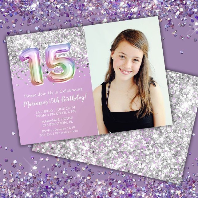 Invitation Photo Rainbow Sparkle 15e anniversaire (Créateur téléchargé)