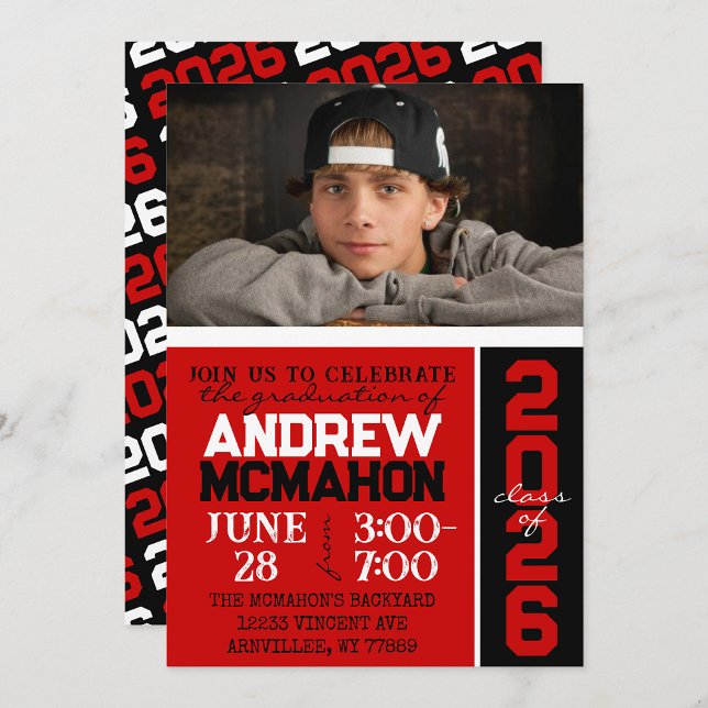 Invitation Photo Red & Black Modern Graduation (Créateur téléchargé)