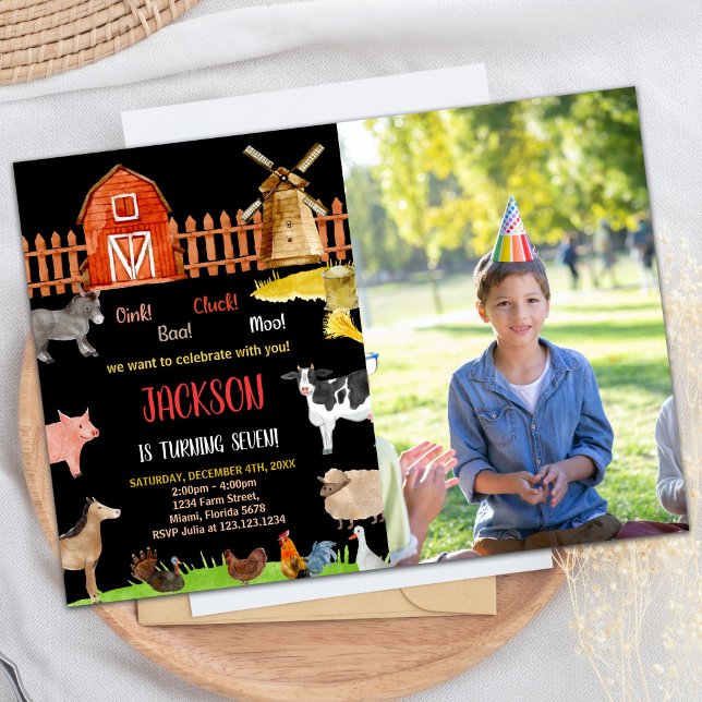 Invitation Photo Red Black Red Farm Animaux Anniversaire (Photo Red Black Red Farm Animals Birthday Invitation)