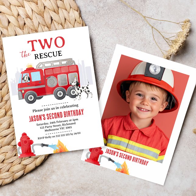 Invitation Photo Red Two The Rescue Fire Engine 2nd Birthday (Fire Truck Birthday Invitation, 
Sound The Alarm Invitation, Fire Truck Invitation Template,  Photo)