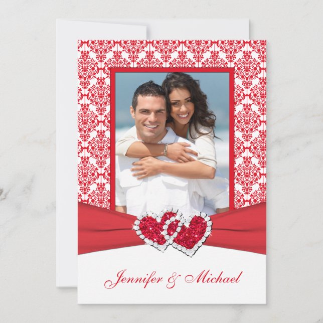Invitation photo Red & White Damask & Hearts (Devant)