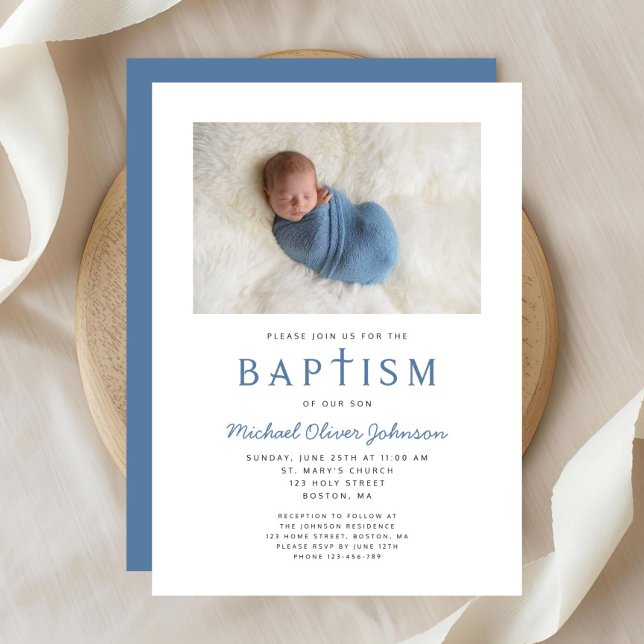 Invitation Photo Religieux Croix Bleue Boy Baptême (Photo Religious Cross Blue Boy Baptism Invitation)