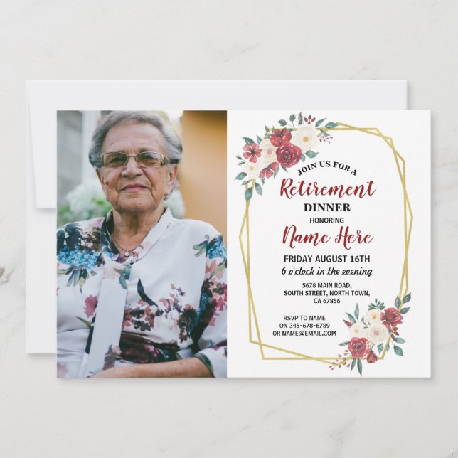 Invitation Photo Retirement Flower Red Cream Gold Winter (Devant)