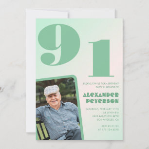 Invitation Photo rétro dégradé vert homme 91e anniversaire