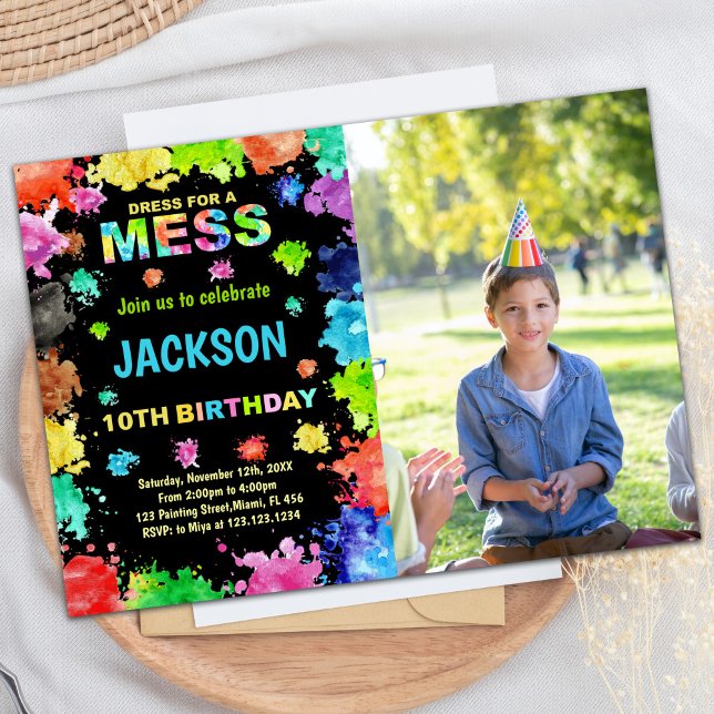 Invitation Photo Robe NoirePourPeinture de mess Anniversaire (Photo Black DressForMess Paint Birthday Invitation)