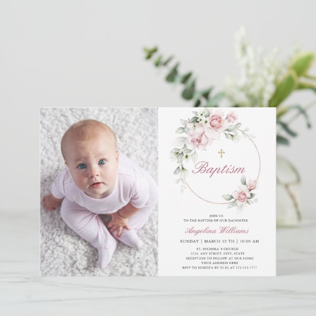 Invitation Photo romantique Baptême Girl florale or Invitatio (Debout devant)
