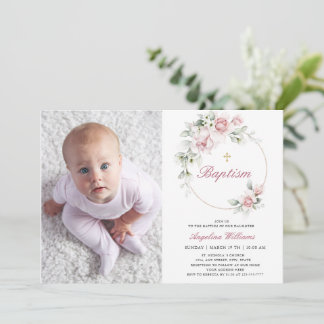 Invitation Photo romantique Baptême Girl florale or Invitatio