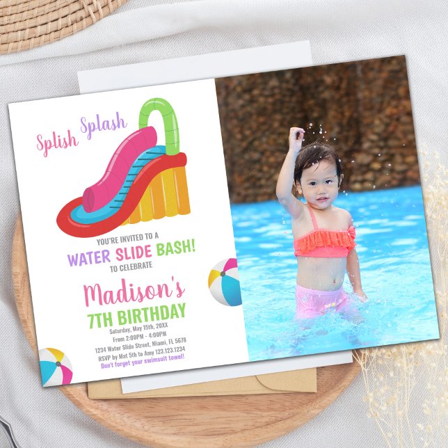 Invitation Photo rose blanche Diapositive d'eau Anniversaire  (White Pink Photo Water Slide Birthday Invitations)